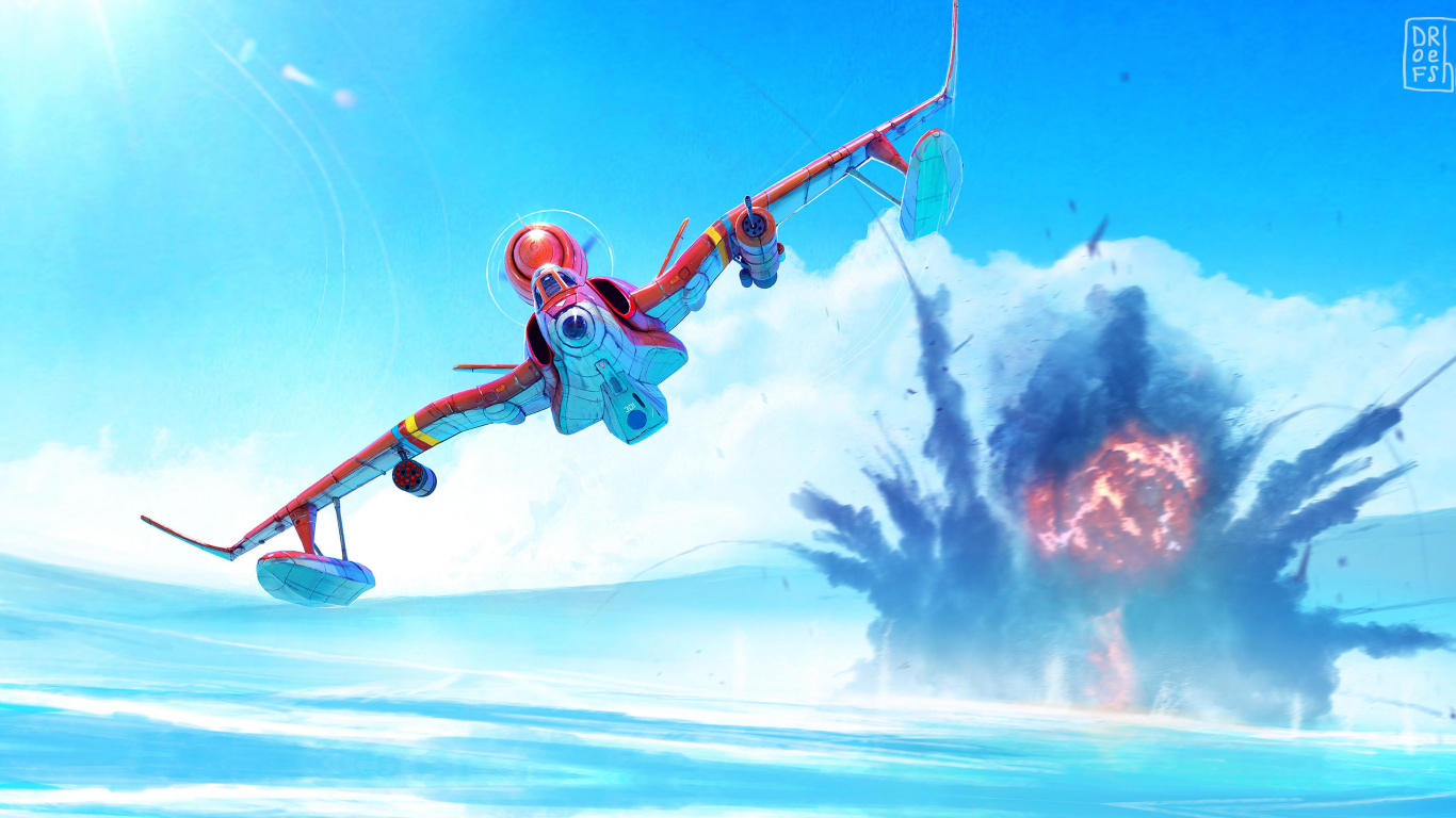 Vaisseau Spatial Bleu et Rouge Sur le Ciel. Wallpaper in 1366x768 Resolution