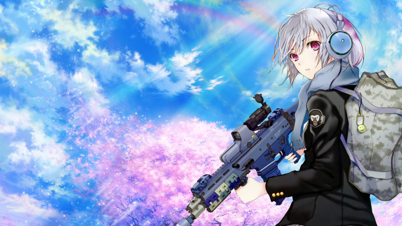 Weißhaariger Männlicher Anime-Charakter Mit Gewehr. Wallpaper in 1366x768 Resolution