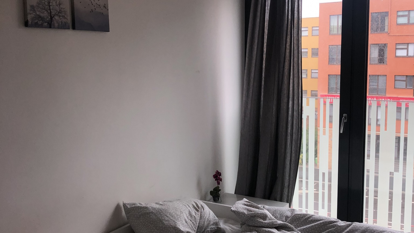 Bedroom, Curtain, Bed Frame, Window, Door. Wallpaper in 1366x768 Resolution