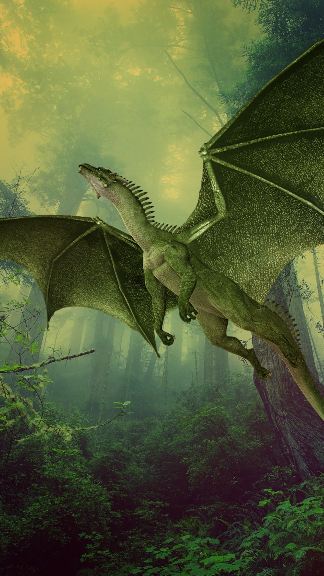 Brown Dragon Flying Over The Green Trees. Wallpaper in 1080x1920 Resolution