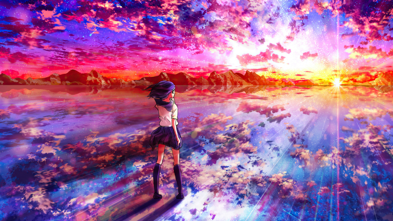 Anime, La Gente en la Naturaleza, Morado, Pintura, Entorno Natural. Wallpaper in 1366x768 Resolution