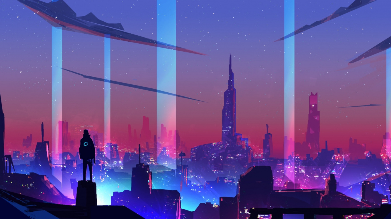 Neon City, City, Building, Skyscraper, World. Wallpaper in 1366x768 Resolution