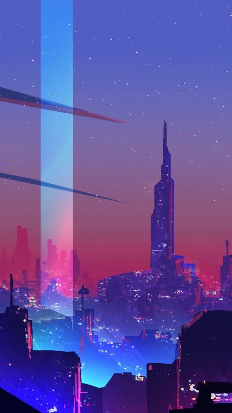 Neonstadt, Gebäude, Wolkenkratzer, Licht, Purpur. Wallpaper in 750x1334 Resolution