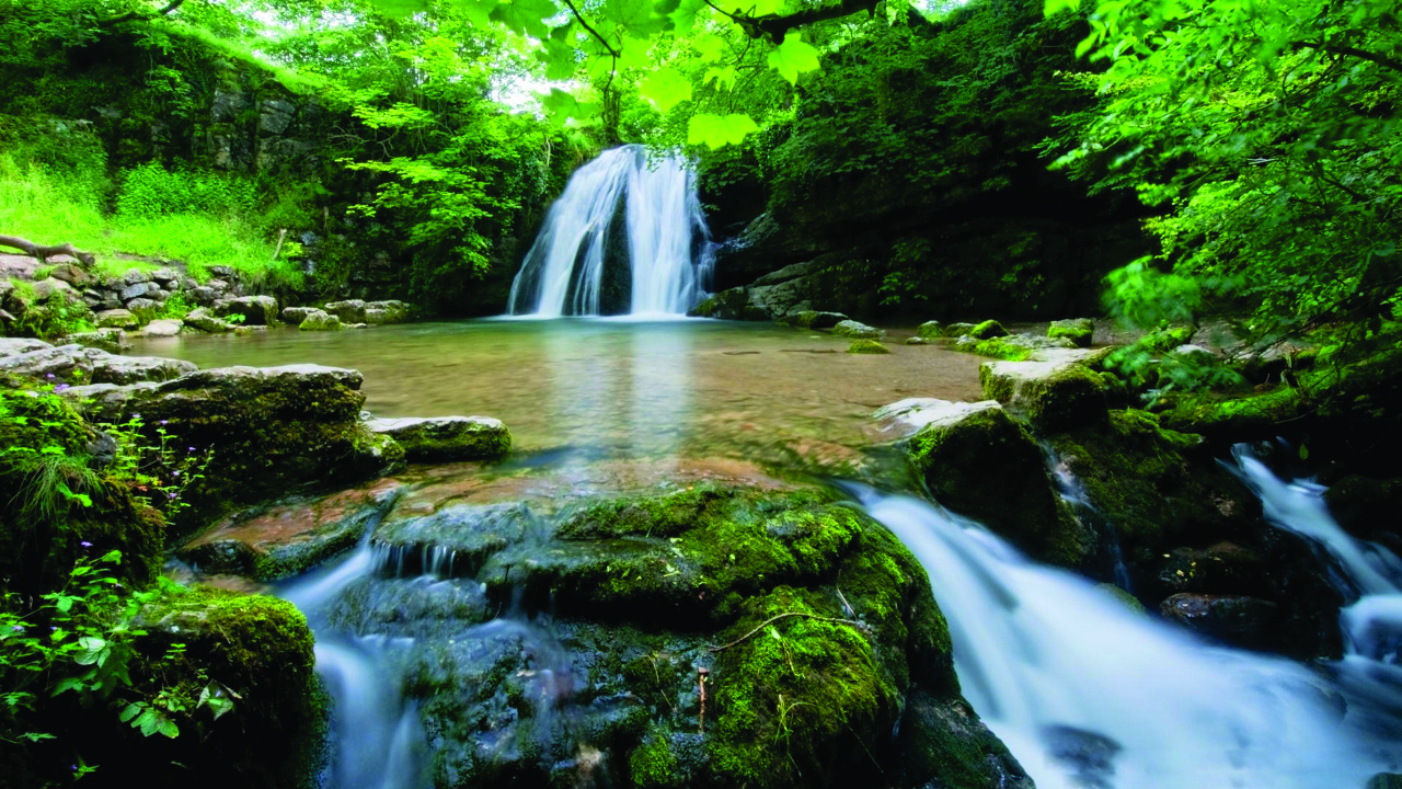 Mousse Verte Sur Les Rochers Devant Les Cascades. Wallpaper in 1280x720 Resolution