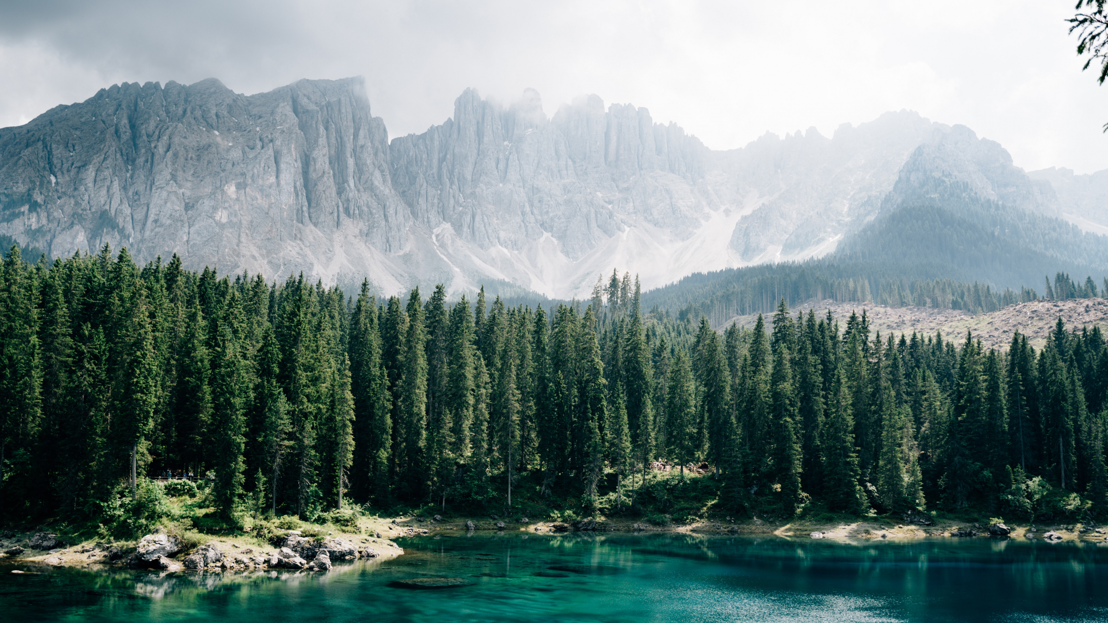 Karersee, Conifers, Mount Scenery, Glacial Lake, Nature. Wallpaper in 3840x2160 Resolution