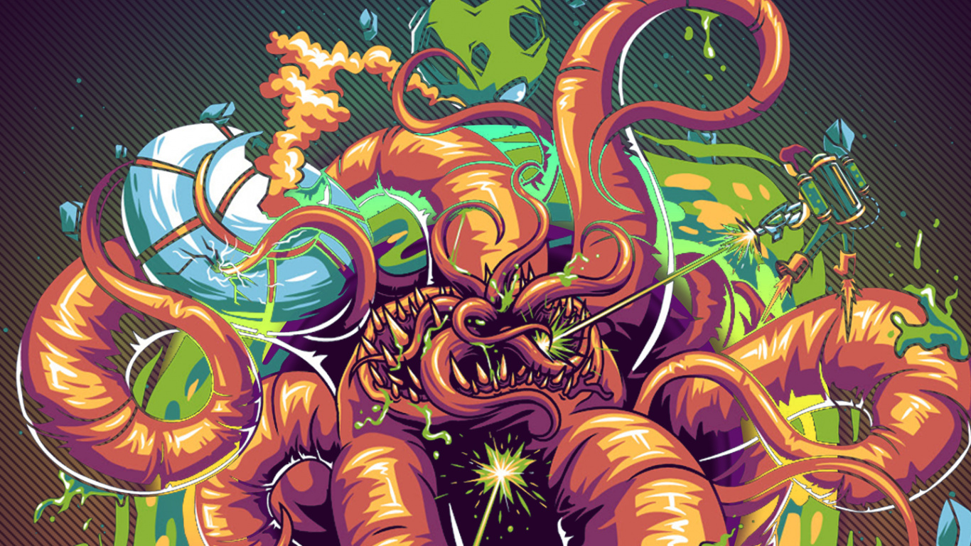 Krake, Rick Sanchez, Morty Smith, Farbigkeit, Kunst. Wallpaper in 1366x768 Resolution