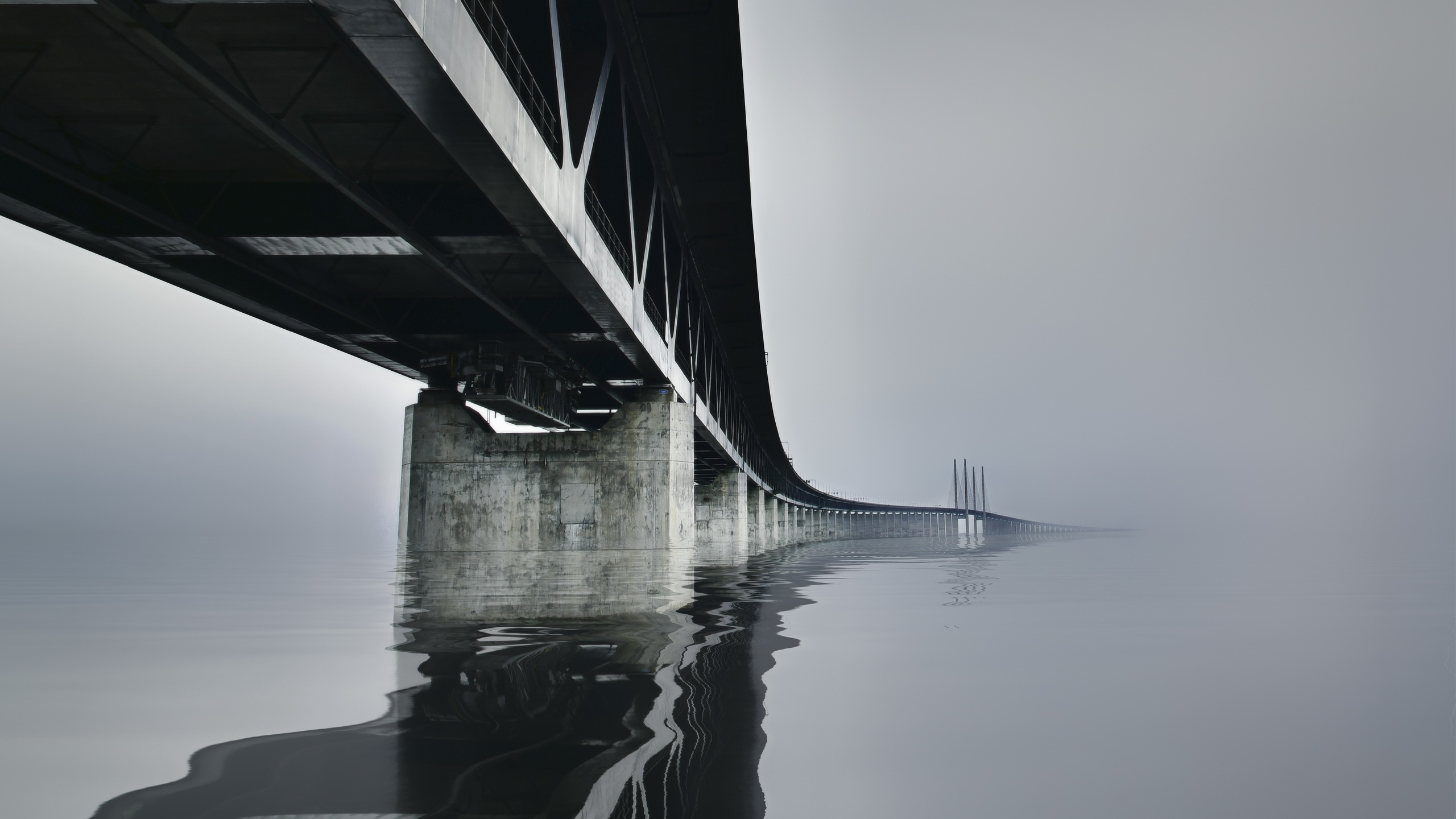 Graustufenfoto Der Brücke Über Dem Wasser. Wallpaper in 2560x1440 Resolution