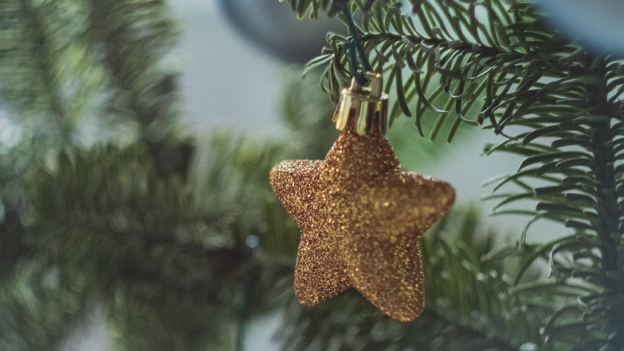 Gold Angel Ornament on Green Pine Tree. Wallpaper in 1280x720 Resolution