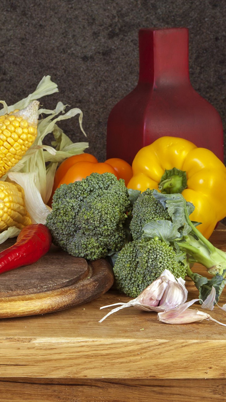 Yellow Corn Red Bell Pepper and Green Vegetable on Brown Wooden Chopping Board. Wallpaper in 720x1280 Resolution