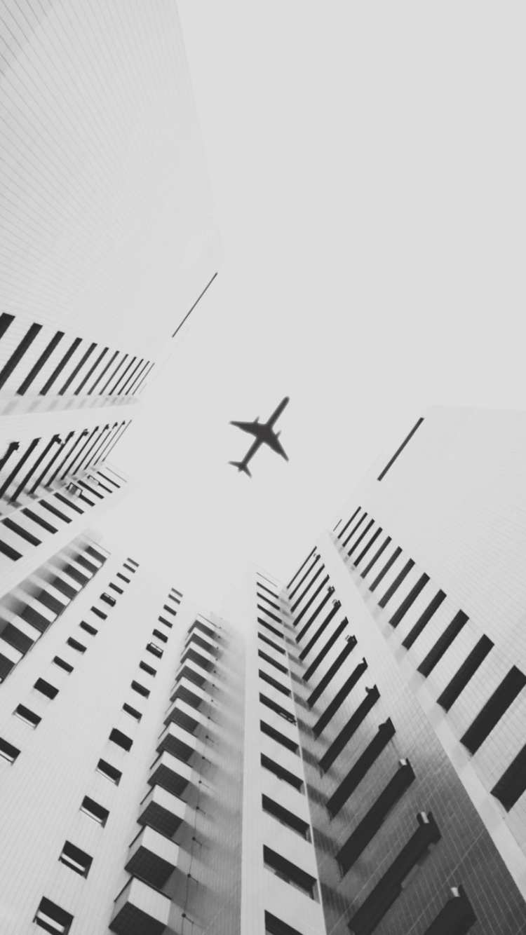 Photo en Niveaux de Gris D'un Avion Dans Les Airs Au-dessus D'un Immeuble de Grande Hauteur. Wallpaper in 750x1334 Resolution