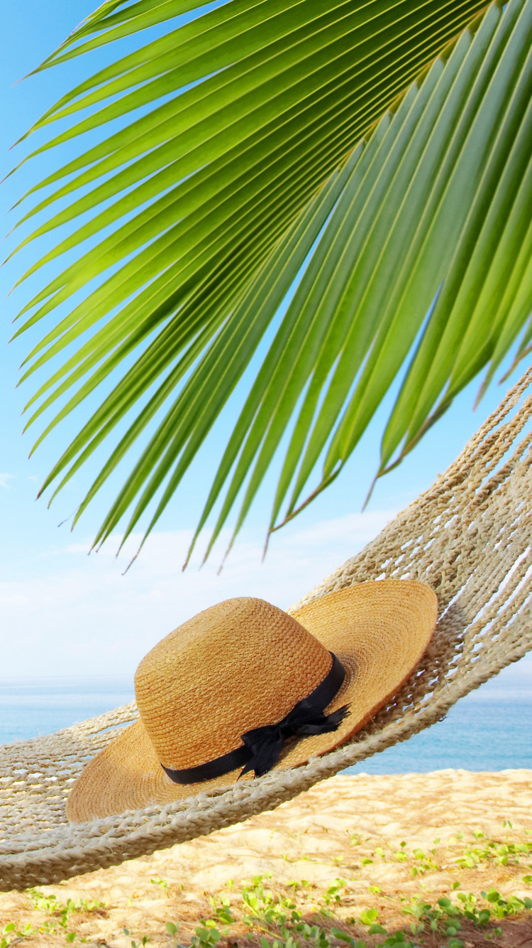 Sombrero de Paja Marrón Sobre Arena Blanca Cerca de la Palmera Verde Durante el Día. Wallpaper in 750x1334 Resolution