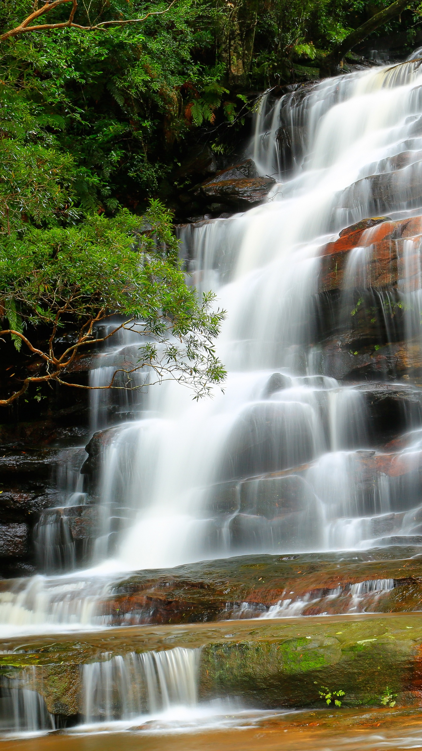 Wasser Fällt Auf Braunen Felsen. Wallpaper in 1440x2560 Resolution