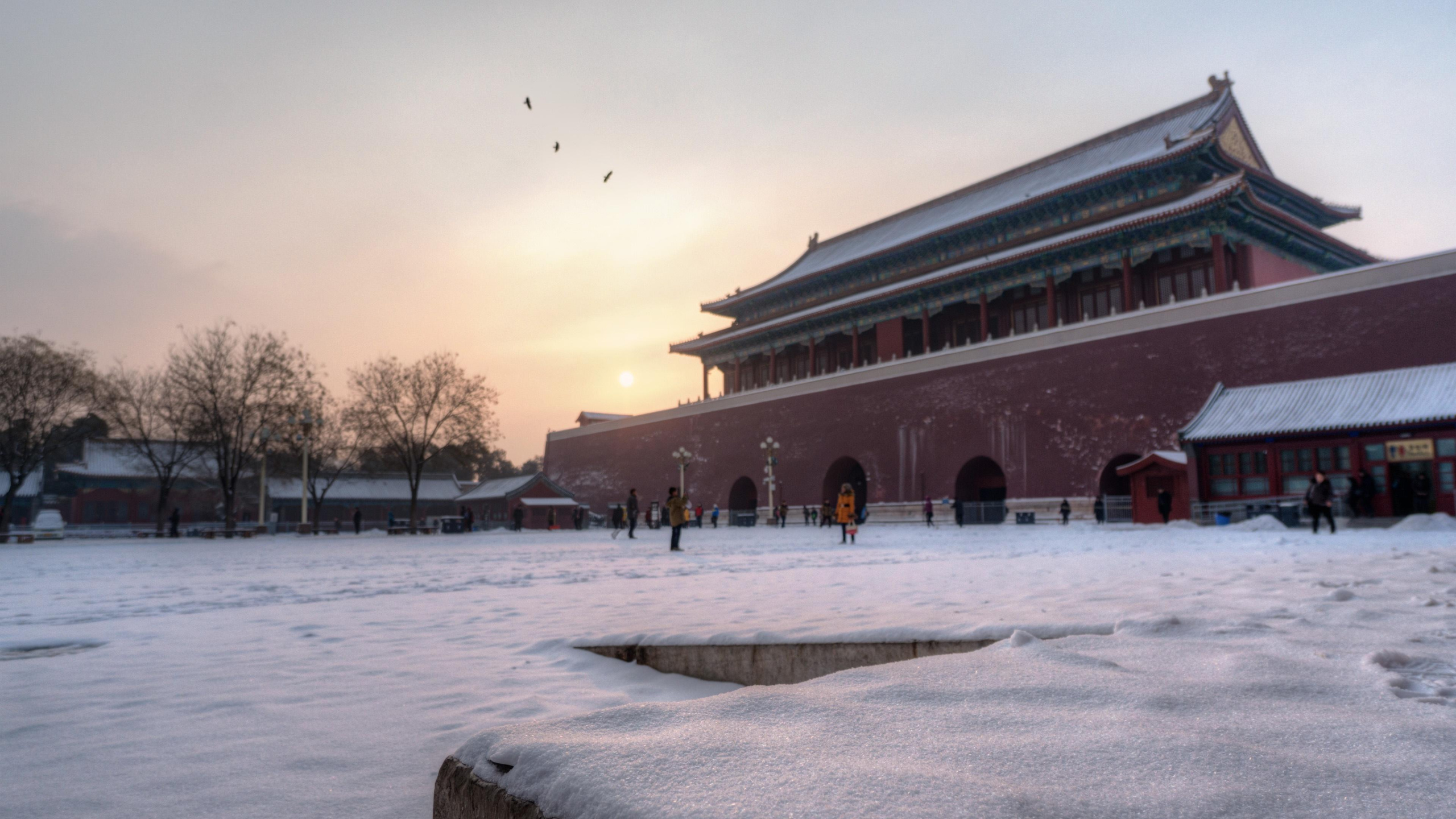 People Walking on Snow Covered Ground Near Brown Concrete Building During Daytime. Wallpaper in 2560x1440 Resolution