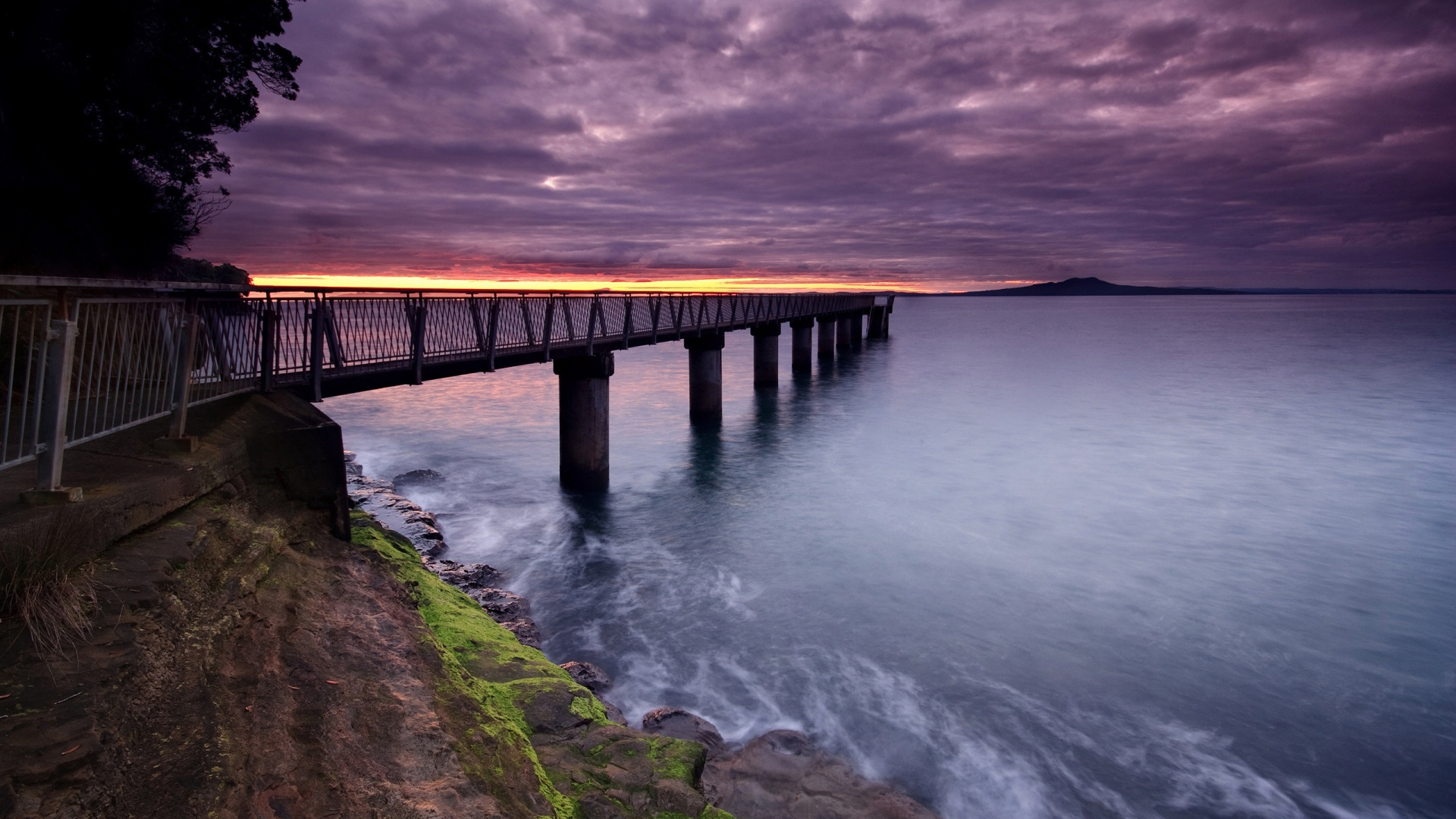 Brown Wooden Bridge Over The Sea Under Gray Clouds. Wallpaper in 1920x1080 Resolution
