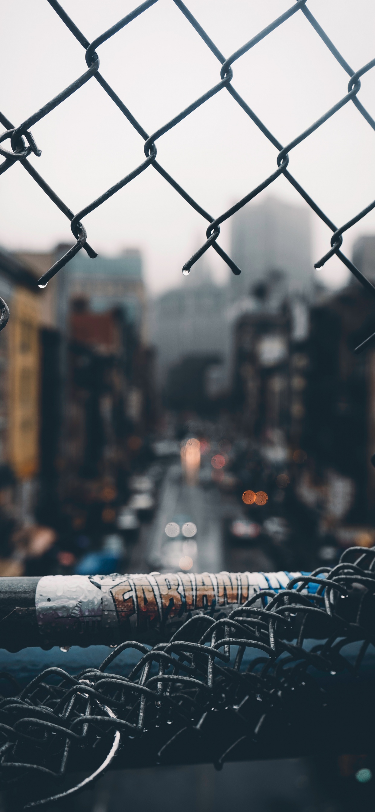 Grey Metal Fence With Water Droplets. Wallpaper in 1242x2688 Resolution