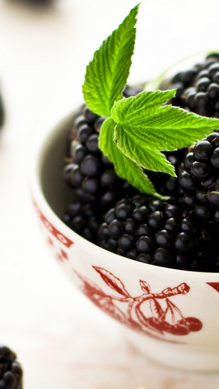 Schwarze Beeren in Weißer Und Roter Keramikschale. Wallpaper in 750x1334 Resolution