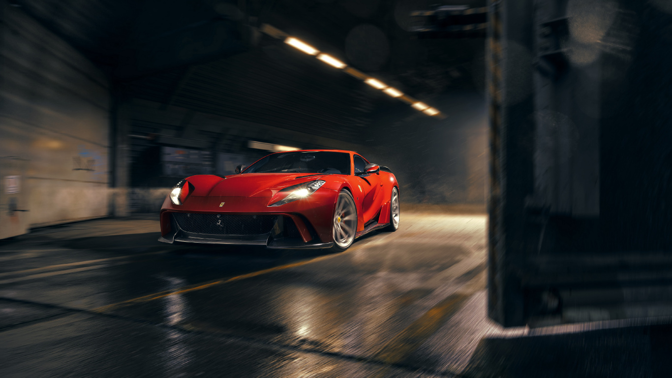 Rotes Ferrari-Auto Auf Der Straße. Wallpaper in 1366x768 Resolution