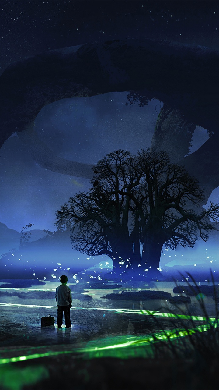 Silueta de 2 Personas de Pie Sobre el Campo de Hierba Verde Durante la Noche. Wallpaper in 720x1280 Resolution