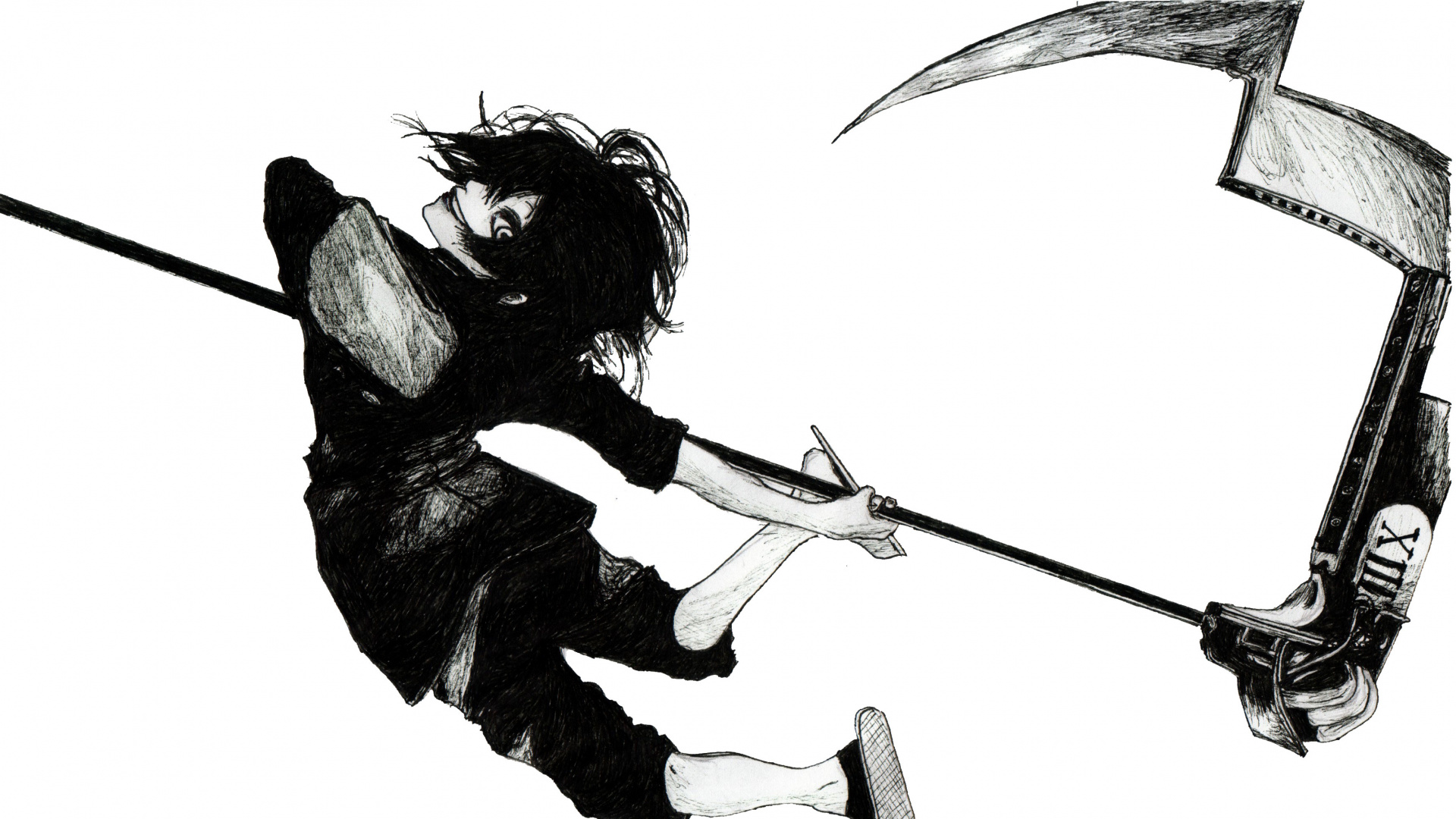 Woman in Black Dress Holding a Stick Illustration. Wallpaper in 1920x1080 Resolution