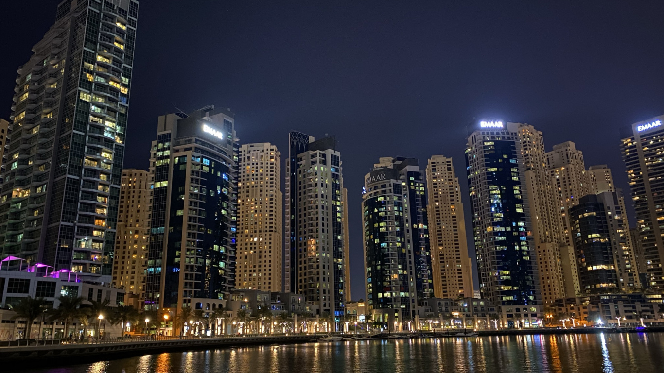 Dubai, Dubai Marina, Nacht, Tower Block, Metropole. Wallpaper in 1366x768 Resolution