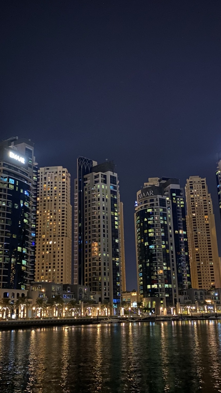 Dubai, Dubai Marina, Night, Tower Block, Metropolis. Wallpaper in 720x1280 Resolution