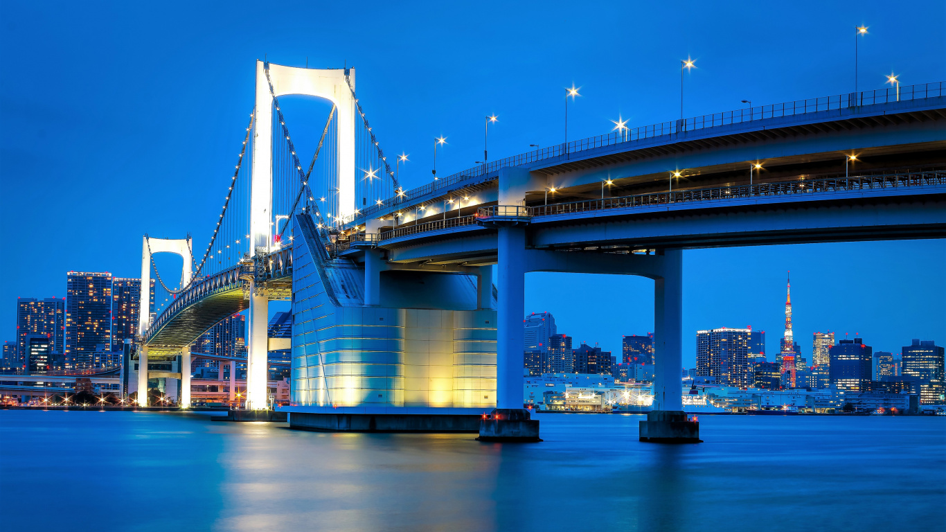 Pont Au-dessus de L'eau Pendant la Nuit. Wallpaper in 1366x768 Resolution