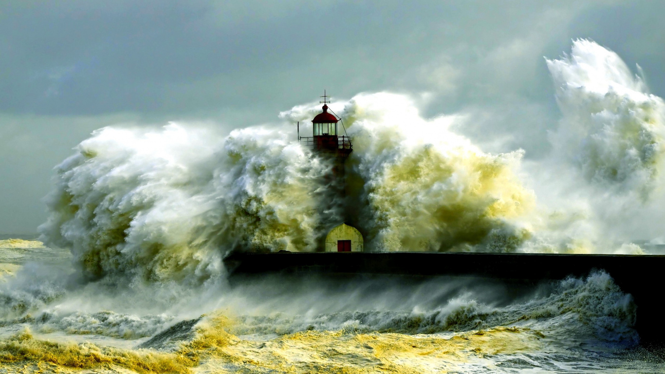 风波, 大海, 风暴, 海洋, 灯塔 壁纸 1366x768 允许