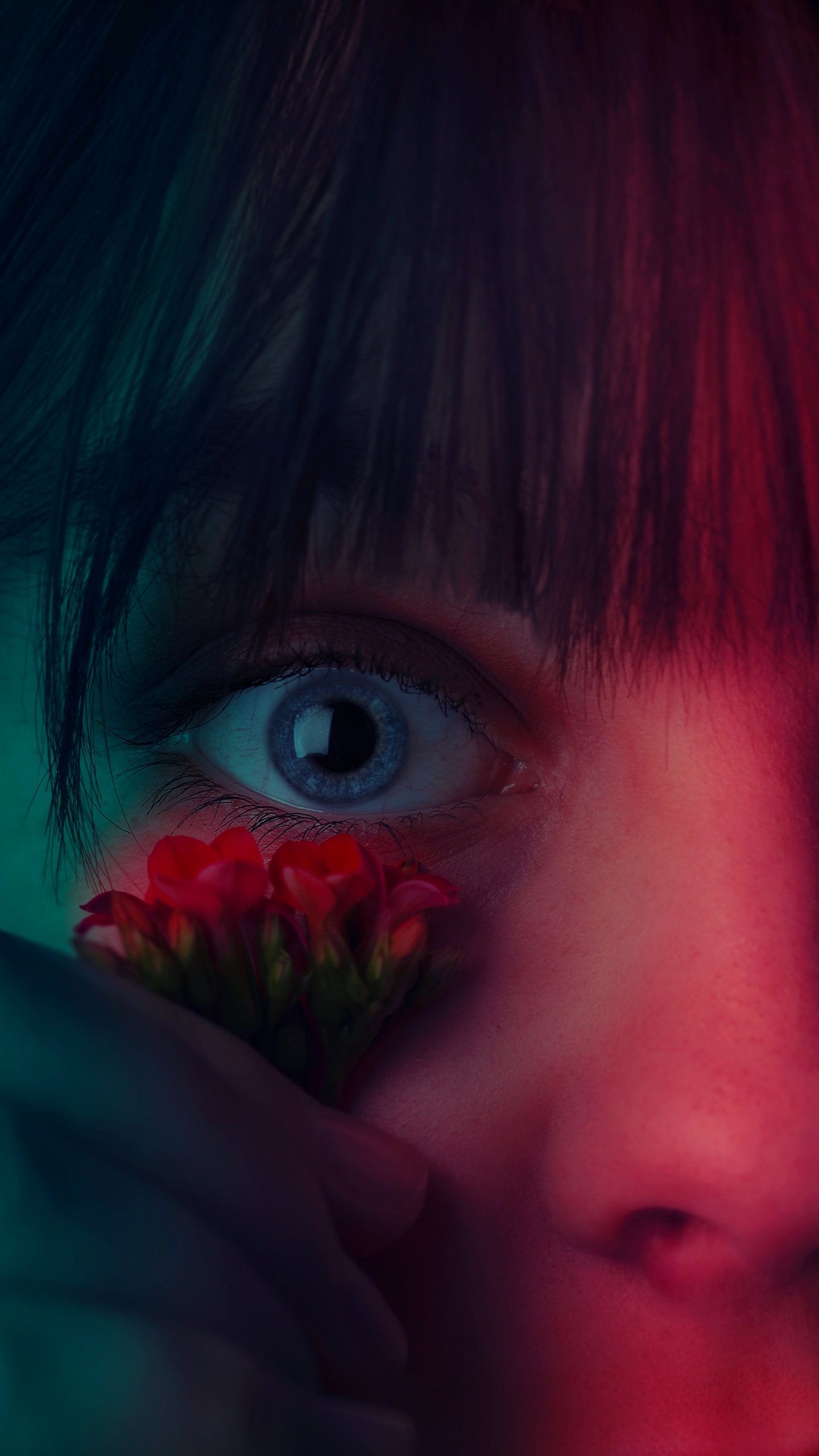 Girl With Red Flower on Her Face. Wallpaper in 1440x2560 Resolution