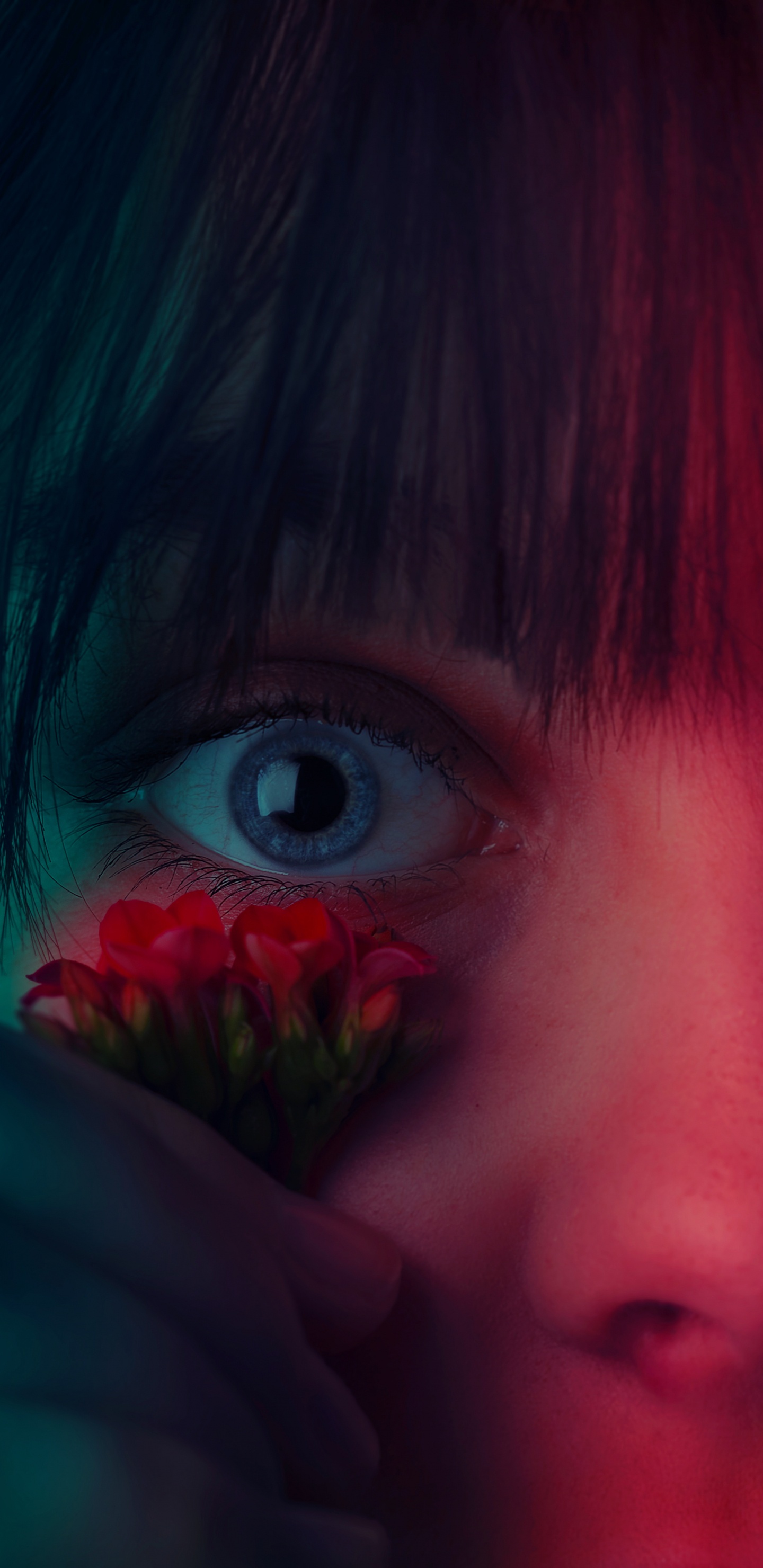 Girl With Red Flower on Her Face. Wallpaper in 1440x2960 Resolution