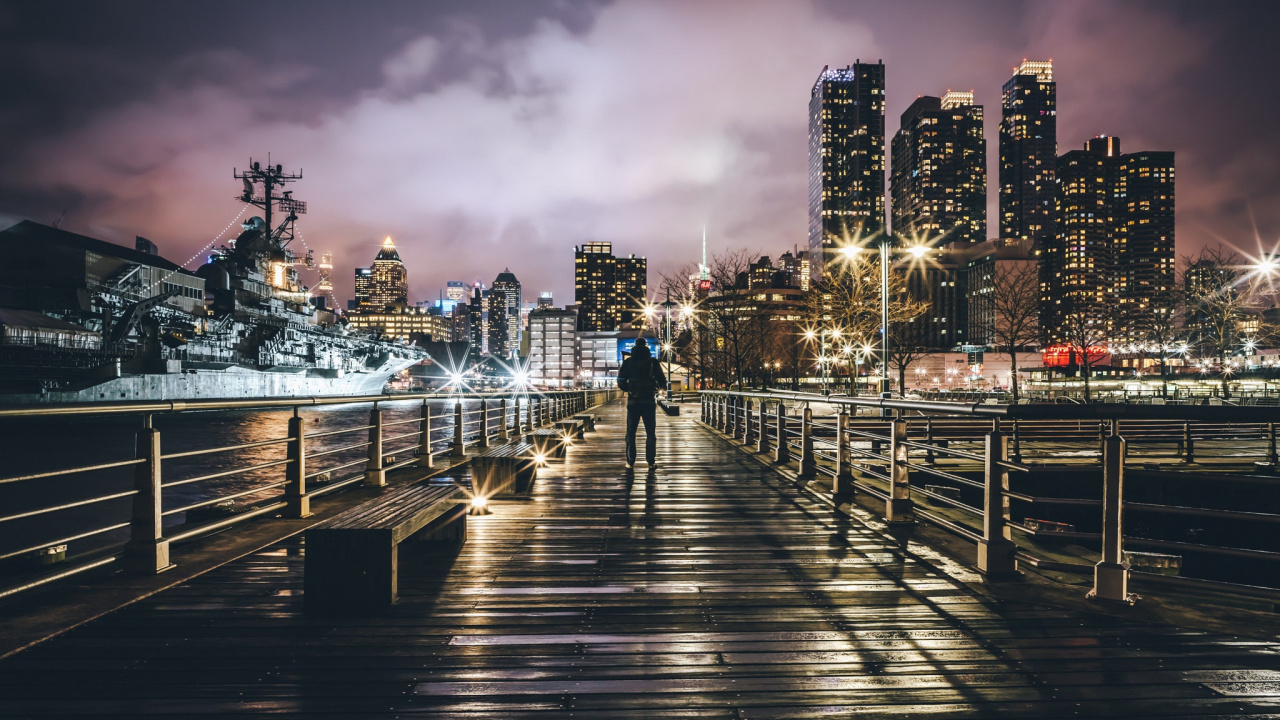 People Walking on Wooden Dock During Night Time. Wallpaper in 1280x720 Resolution