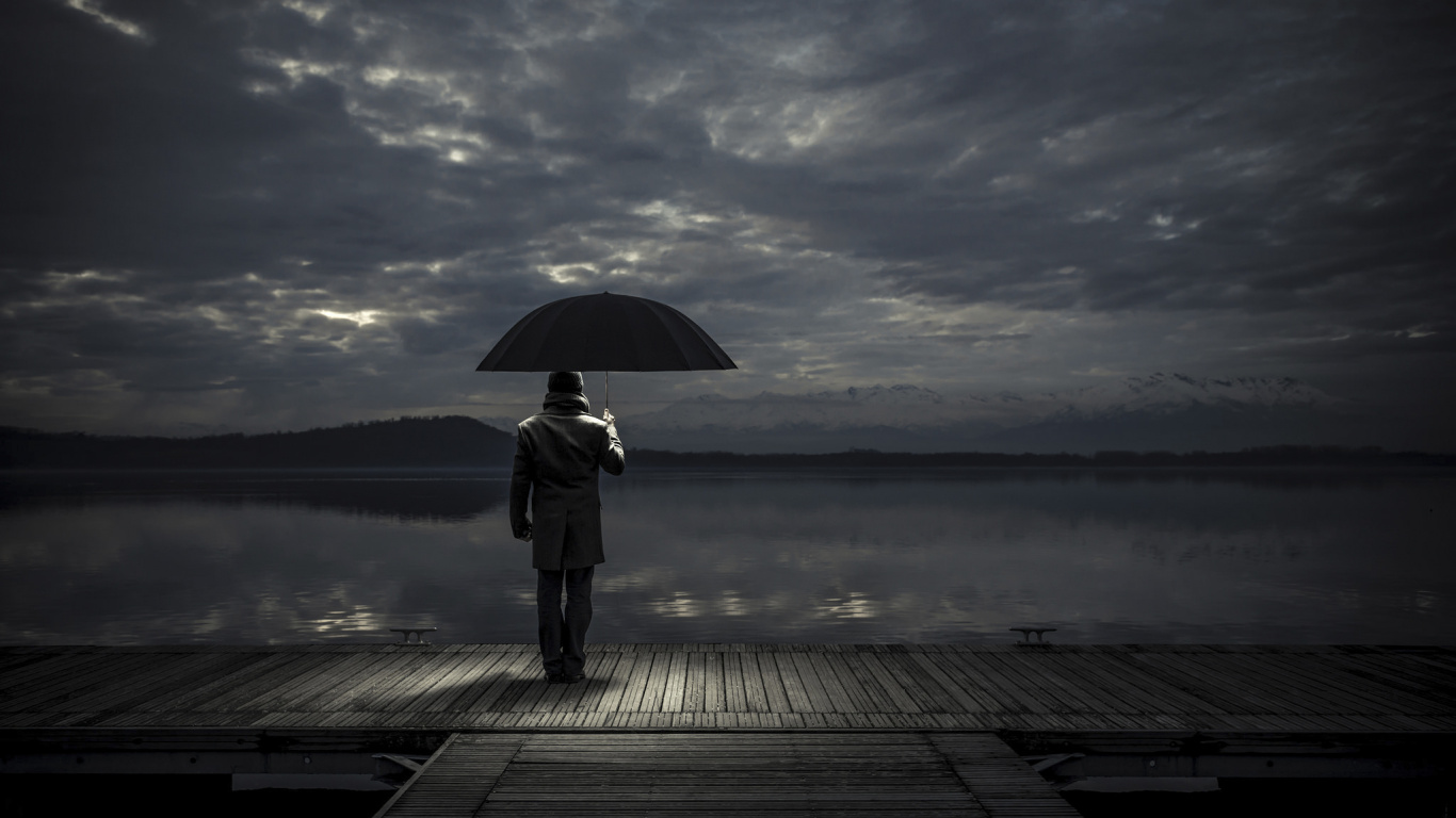 Regenschirm, Schwarz, Wasser, Cloud, Stehend. Wallpaper in 1366x768 Resolution