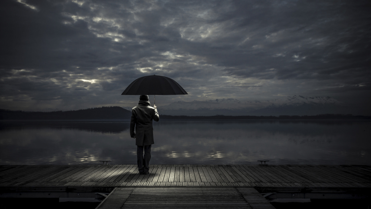 Umbrella, Black, Water, Cloud, Darkness. Wallpaper in 1280x720 Resolution
