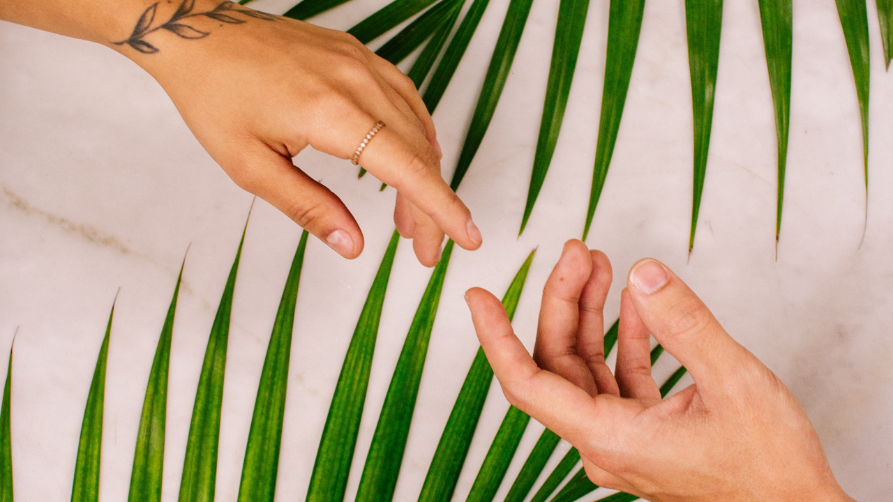 Personnes Main Sur Textile Imprimé Feuilles Blanches et Vertes. Wallpaper in 1280x720 Resolution