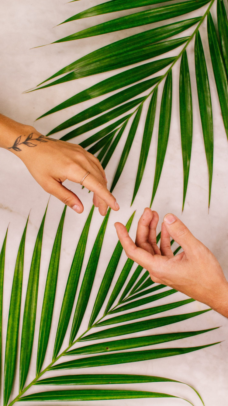 Personenhand Auf Weißem Und Grünem Blattdruckgewebe. Wallpaper in 750x1334 Resolution