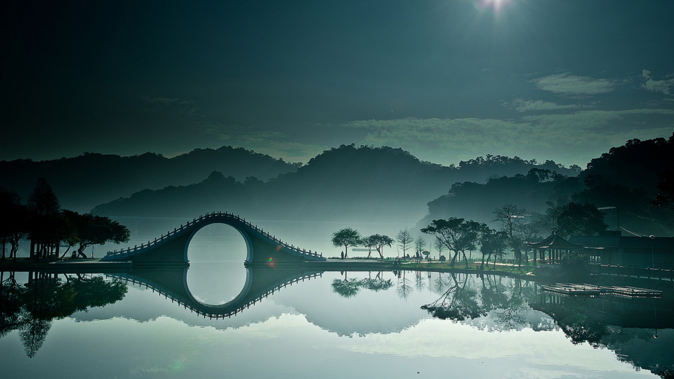 Body of Water Near Trees During Night Time. Wallpaper in 1366x768 Resolution