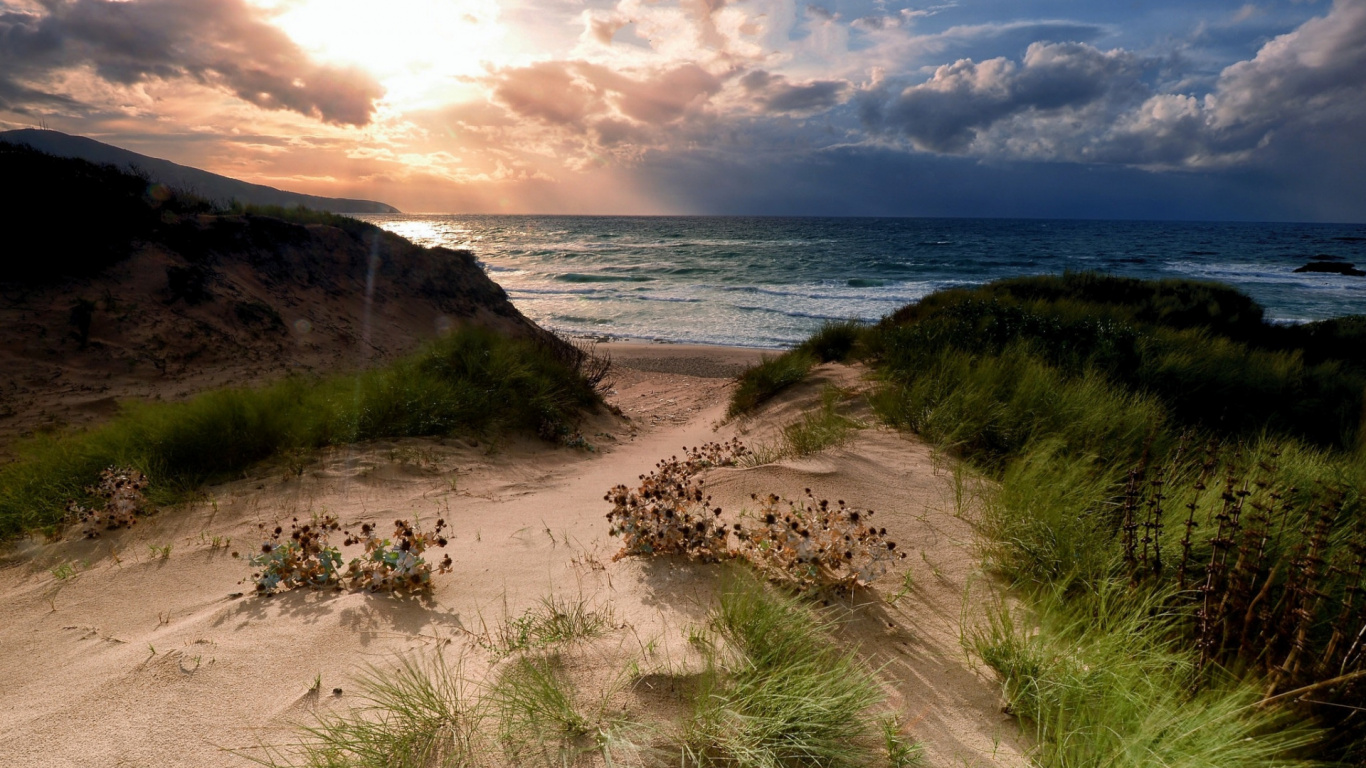 Sea, Nature, Beach, Landscape Painting, Coast. Wallpaper in 1366x768 Resolution
