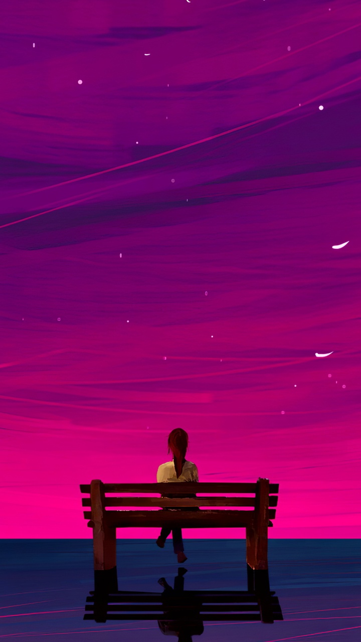 Man Sitting on Brown Wooden Bench on Beach During Night Time. Wallpaper in 720x1280 Resolution
