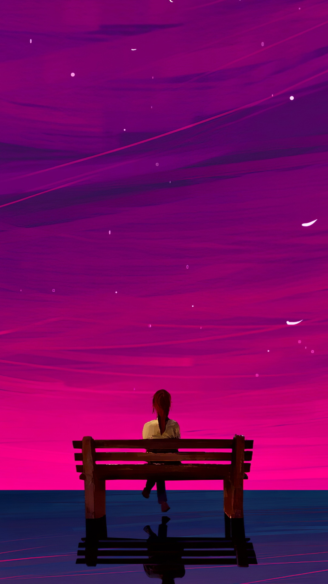 Homme Assis Sur un Banc en Bois Marron Sur la Plage Pendant la Nuit. Wallpaper in 1080x1920 Resolution