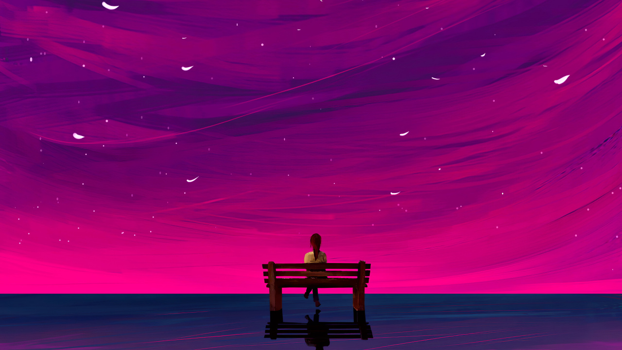 Homme Assis Sur un Banc en Bois Marron Sur la Plage Pendant la Nuit. Wallpaper in 1280x720 Resolution