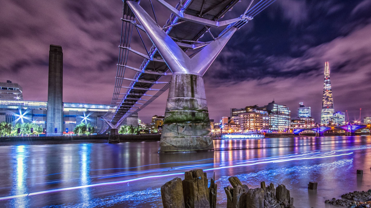 Bridge Over Water Near City Buildings During Night Time. Wallpaper in 1280x720 Resolution