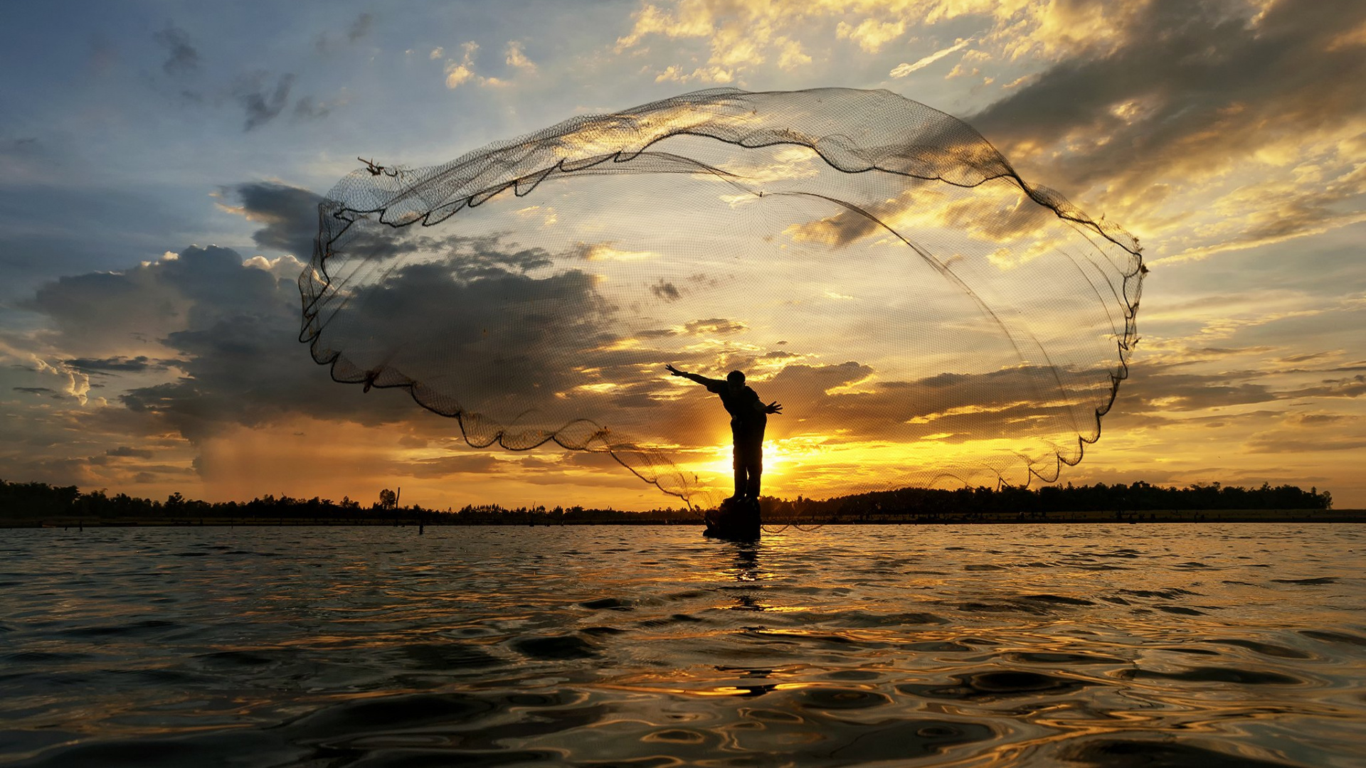 Man Standing on Body of Water During Sunset. Wallpaper in 1920x1080 Resolution