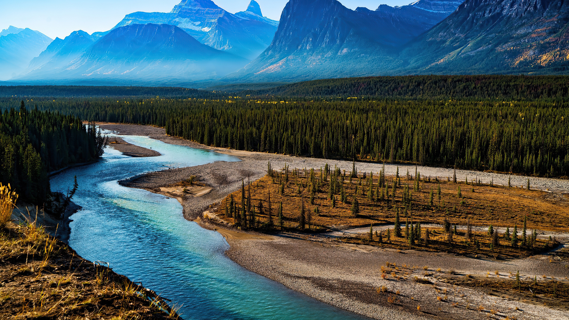 Athabasca Fluss, Fluss, Gebirgsfluss, Natur, Wasser. Wallpaper in 1920x1080 Resolution