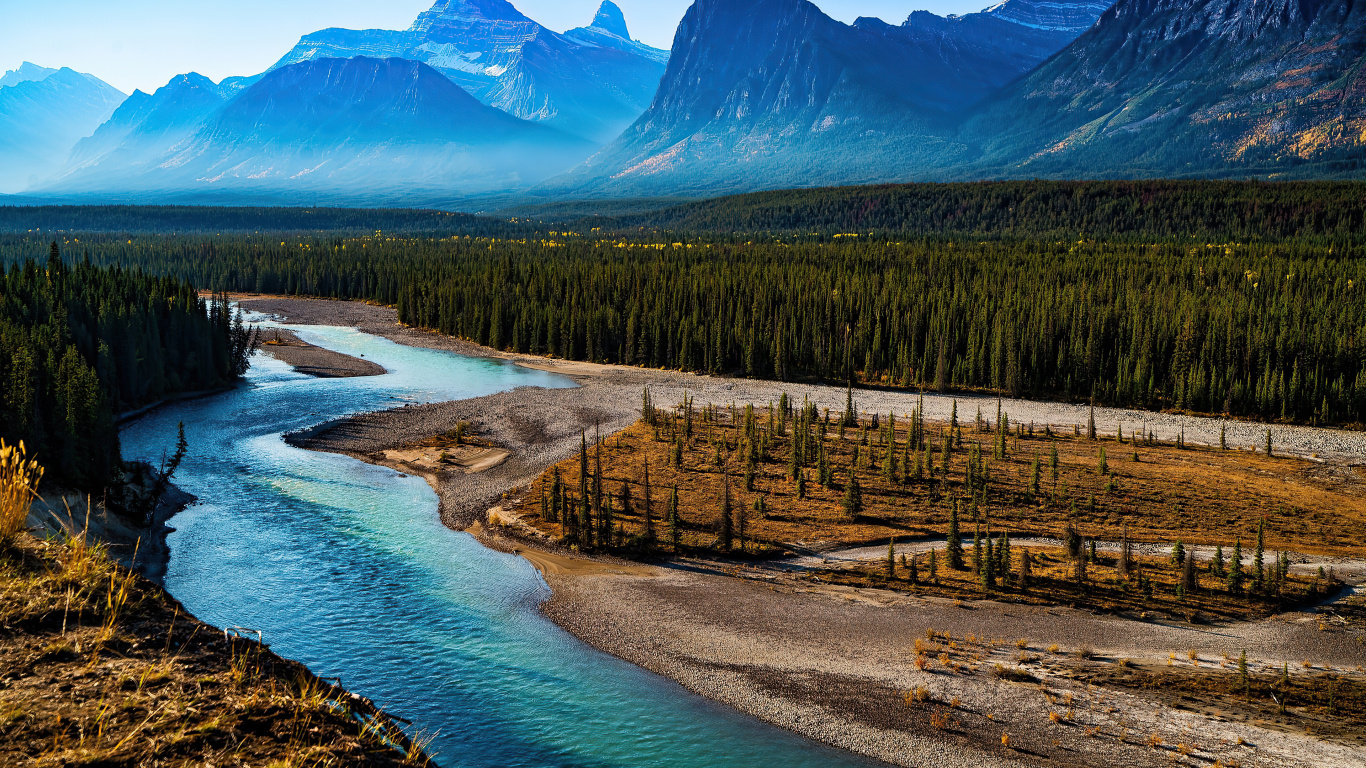 Athabasca River, Mountain, River, Mountain River, Nature. Wallpaper in 1366x768 Resolution