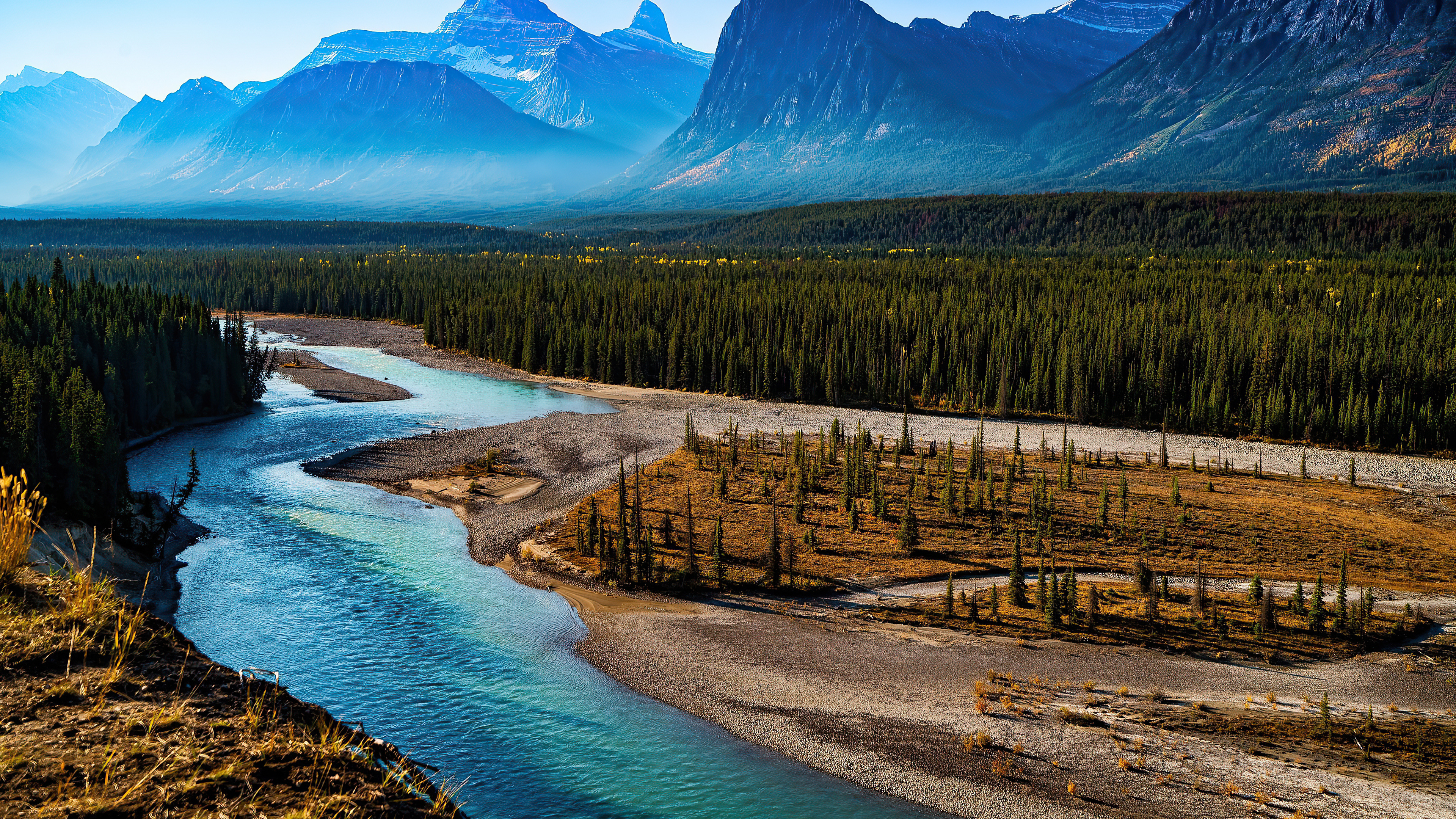 Athabasca River, Mountain, River, Mountain River, Nature. Wallpaper in 3840x2160 Resolution