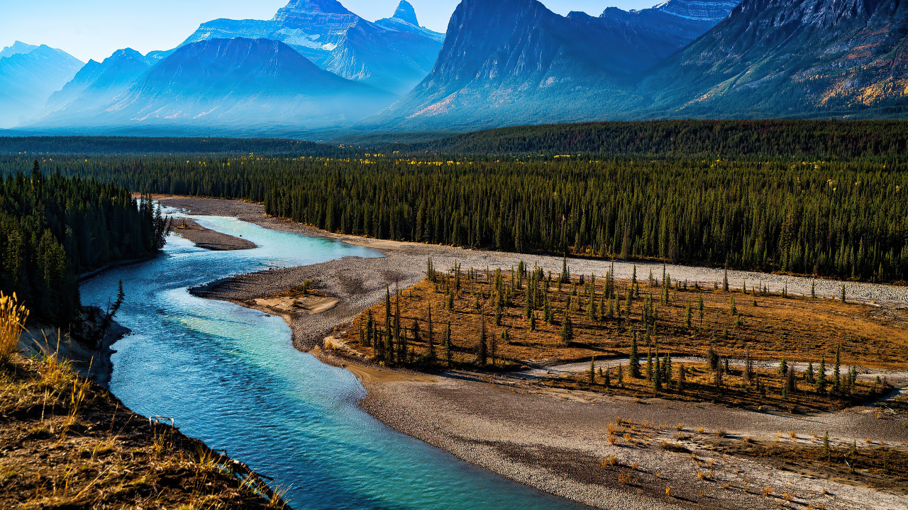 Río Athabasca, Montaña, Río, Río de Montaña, Naturaleza. Wallpaper in 1280x720 Resolution