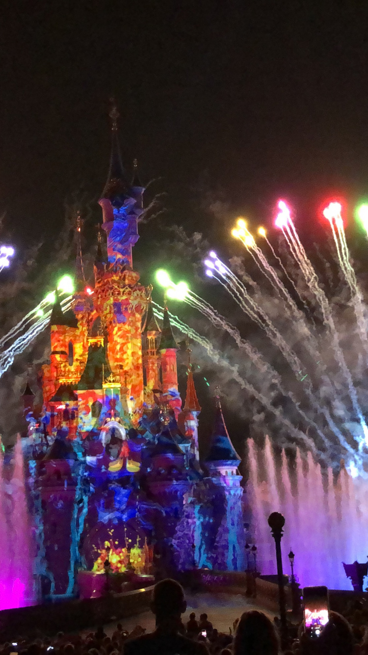 Disneyland, Feuerwerk, Silvester, Weihnachtsbeleuchtung, Sehenswürdigkeit. Wallpaper in 750x1334 Resolution