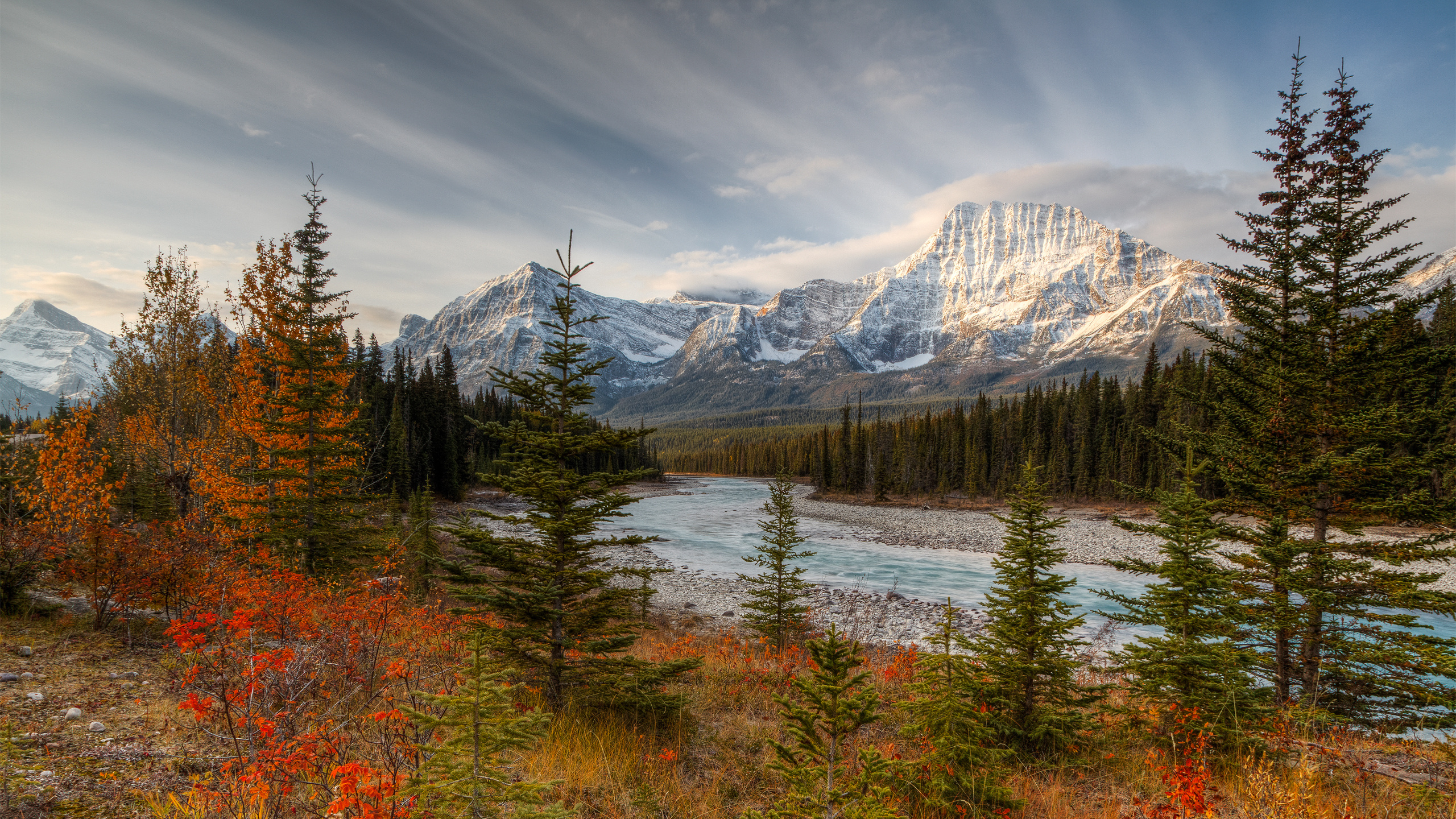 Green and Brown Trees Near Snow Covered Mountain Under Cloudy Sky During Daytime. Wallpaper in 2560x1440 Resolution