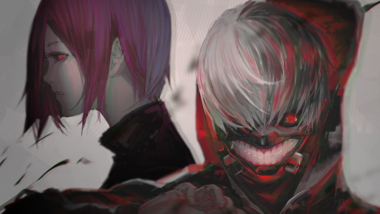 东京食尸鬼, 肯kaneki, Touka雾岛, 红色的, 很酷的 壁纸 1280x720 允许