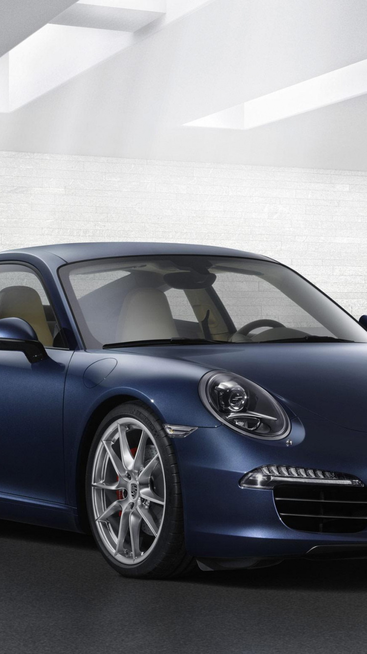 Blue Porsche 911 Parked in a White Room. Wallpaper in 750x1334 Resolution