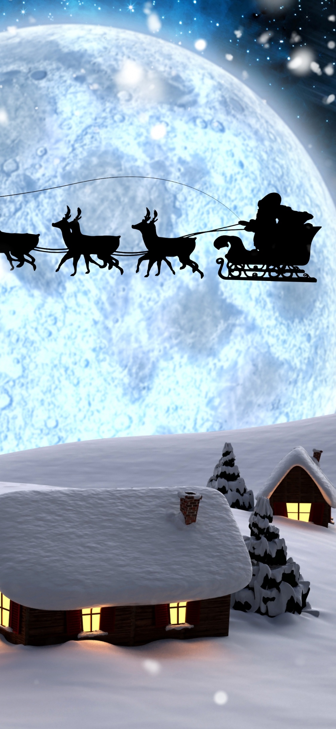 Braunes Holzhaus Mit Schneebedecktem Feld Bei Vollmond. Wallpaper in 1125x2436 Resolution